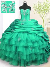 Colorful Pick Ups Ruffled Strapless Sleeveless Brush Train Lace Up 15 Quinceanera Dress Turquoise Organza and Taffeta