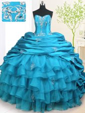 Teal Lace Up Sweet 16 Quinceanera Dress Beading and Appliques and Ruffled Layers and Pick Ups Sleeveless With Brush Train
