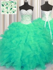 High Class Organza Sweetheart Sleeveless Lace Up Beading and Ruffles Sweet 16 Dress in Turquoise