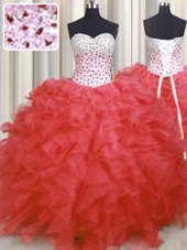 Most Popular Ball Gowns Quince Ball Gowns Watermelon Red Sweetheart Organza Sleeveless Floor Length Lace Up