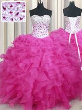 Admirable Halter Top Sleeveless 15 Quinceanera Dress Floor Length Beading and Ruffles Hot Pink Organza