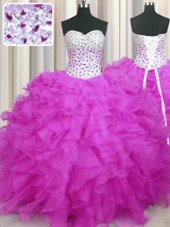 Eye-catching Fuchsia Ball Gowns Sweetheart Sleeveless Organza Floor Length Lace Up Beading and Ruffles Ball Gown Prom Dress