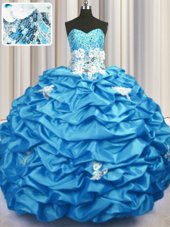 Glittering Sequins Pick Ups With Train Ball Gowns Sleeveless Aqua Blue Sweet 16 Quinceanera Dress Brush Train Lace Up
