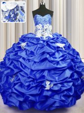Free and Easy Sequins Pick Ups With Train Royal Blue Quinceanera Gown Sweetheart Sleeveless Brush Train Lace Up