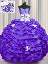 Elegant Sweetheart Sleeveless Quinceanera Dress With Brush Train Appliques and Sequins and Pick Ups Purple Taffeta