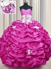 Dynamic Sweetheart Sleeveless Sweet 16 Quinceanera Dress With Train Sweep Train Appliques and Sequins and Pick Ups Fuchsia Taffeta