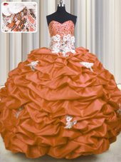 Sleeveless Taffeta With Brush Train Lace Up 15th Birthday Dress in Orange for with Appliques and Sequins and Pick Ups