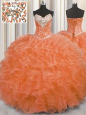 High End Orange Ball Gowns Sweetheart Sleeveless Organza Floor Length Lace Up Beading and Ruffles 15 Quinceanera Dress