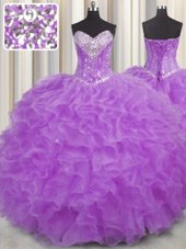Halter Top Sleeveless Lace Up Floor Length Beading and Ruffles Ball Gown Prom Dress