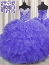 Delicate Lavender Ball Gowns Organza Sweetheart Sleeveless Beading and Ruffles Floor Length Lace Up Sweet 16 Dress