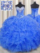 Smart Beading and Ruffles Sweet 16 Quinceanera Dress Royal Blue Lace Up Sleeveless Floor Length
