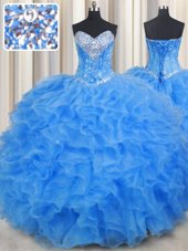 Best Selling Baby Blue Organza Lace Up 15 Quinceanera Dress Sleeveless Floor Length Beading and Ruffles