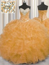 Chic Orange Ball Gowns Sweetheart Sleeveless Organza Floor Length Lace Up Beading and Ruffles 15th Birthday Dress