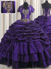 Fine Purple Sweetheart Lace Up Beading and Appliques and Pick Ups 15th Birthday Dress Brush Train Sleeveless