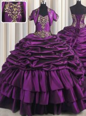 Charming Sleeveless Taffeta With Brush Train Lace Up Quinceanera Gown in Purple for with Beading and Appliques and Pick Ups
