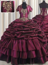 Designer Beading and Appliques and Pick Ups Quinceanera Gown Burgundy and Fuchsia Lace Up Sleeveless With Brush Train