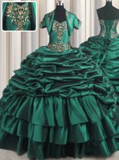 Excellent Sleeveless With Train Beading and Appliques and Pick Ups Lace Up Quinceanera Gowns with Peacock Green Brush Train