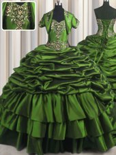 Vintage Green Lace Up Sweetheart Beading and Appliques and Pick Ups Quince Ball Gowns Taffeta Sleeveless Brush Train