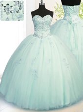 Unique Light Blue Tulle Lace Up Sweetheart Sleeveless Floor Length Quinceanera Gowns Beading and Appliques