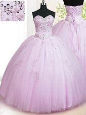 Luxury Sweetheart Sleeveless Lace Up Quince Ball Gowns Lilac Tulle