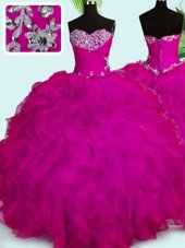 Adorable Sleeveless Floor Length Beading and Ruffles Lace Up 15th Birthday Dress with Fuchsia