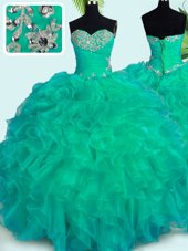 Custom Designed Organza Sweetheart Sleeveless Lace Up Beading and Ruffles Vestidos de Quinceanera in Turquoise