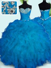 Captivating Blue Lace Up Sweetheart Beading and Ruffles Sweet 16 Quinceanera Dress Organza Sleeveless