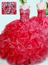 Fabulous Red Organza Lace Up Spaghetti Straps Sleeveless Floor Length Vestidos de Quinceanera Beading and Ruffles