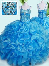 Floor Length Baby Blue Quinceanera Gown Organza Sleeveless Beading and Ruffles