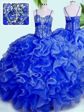 Nice Floor Length Lace Up Ball Gown Prom Dress Blue and In for Military Ball and Sweet 16 and Quinceanera with Beading and Ruffles