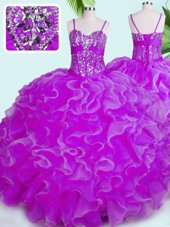 Affordable Floor Length Fuchsia Quince Ball Gowns Spaghetti Straps Sleeveless Lace Up