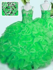 Nice Floor Length Green Quinceanera Dress Spaghetti Straps Sleeveless Lace Up