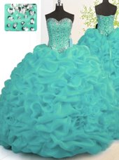 Spectacular Turquoise Organza Lace Up Sweetheart Sleeveless With Train Sweet 16 Dresses Brush Train Beading and Ruffles
