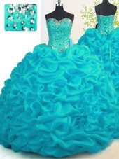 Sophisticated With Train Ball Gowns Sleeveless Aqua Blue Quinceanera Gowns Brush Train Lace Up