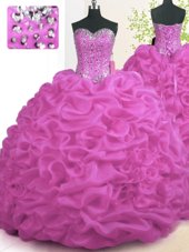 Fuchsia Sleeveless Organza Brush Train Lace Up 15 Quinceanera Dress for Military Ball and Sweet 16 and Quinceanera