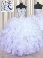 Sophisticated Floor Length Lavender Sweet 16 Quinceanera Dress Organza Sleeveless Beading and Ruffles