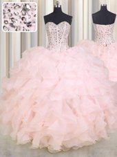 Pretty Baby Pink Ball Gowns Organza Sweetheart Sleeveless Beading and Ruffles Floor Length Lace Up Quinceanera Gowns