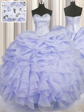 Ideal Lavender Ball Gowns Sweetheart Sleeveless Organza Floor Length Lace Up Beading and Ruffles Sweet 16 Quinceanera Dress