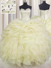 Best Selling Light Yellow Lace Up Sweetheart Beading and Ruffles Quinceanera Dress Organza Sleeveless