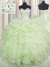 Custom Design Yellow Green Quinceanera Gowns Military Ball and Sweet 16 and Quinceanera and For with Beading and Ruffles Sweetheart Sleeveless Lace Up