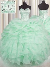 Pretty Sleeveless Floor Length Beading and Ruffles Lace Up Sweet 16 Quinceanera Dress with Apple Green