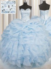 Flirting Light Blue Ball Gowns Sweetheart Sleeveless Organza Floor Length Lace Up Beading and Ruffles Quince Ball Gowns