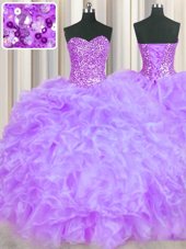 Chic Lavender Ball Gowns Organza Sweetheart Sleeveless Beading and Ruffles Floor Length Lace Up Quinceanera Gowns
