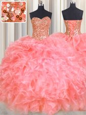 Free and Easy Halter Top Watermelon Red Ball Gowns Beading and Ruffles Quinceanera Gown Lace Up Organza Sleeveless Floor Length