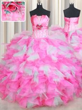 New Style Multi-color Ball Gowns Strapless Sleeveless Organza Floor Length Lace Up Beading and Ruffles and Hand Made Flower Sweet 16 Dress
