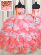 On Sale Pink And White Lace Up Quinceanera Dresses Beading and Ruffles and Hand Made Flower Sleeveless Floor Length