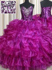 High Quality Fuchsia Sleeveless Floor Length Beading and Ruffles Lace Up Sweet 16 Dresses