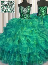 Affordable Turquoise Sweetheart Lace Up Beading and Ruffles Sweet 16 Quinceanera Dress Sleeveless