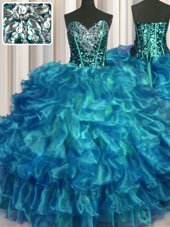 Unique Teal Ball Gowns Organza Sweetheart Sleeveless Beading and Ruffles Floor Length Lace Up Quinceanera Gowns