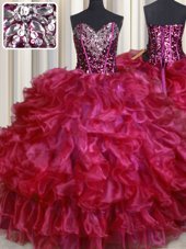 Best Sweetheart Sleeveless Quinceanera Dresses Floor Length Beading and Ruffles Hot Pink Organza